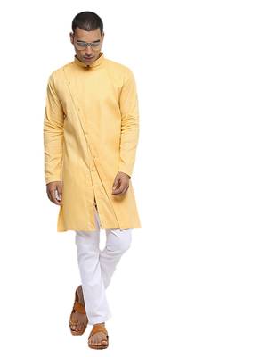 Yellow Plain Cotton Men Kurtas 1