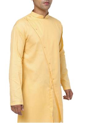 Yellow Plain Cotton Men Kurtas 4