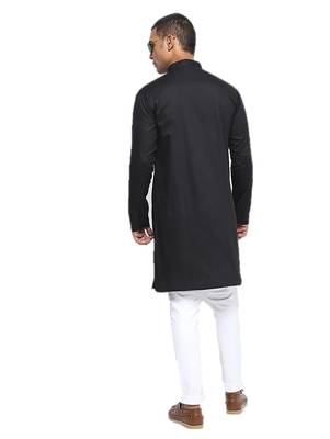 Black Plain Cotton Men Kurtas 3