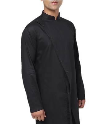 Black Plain Cotton Men Kurtas 4