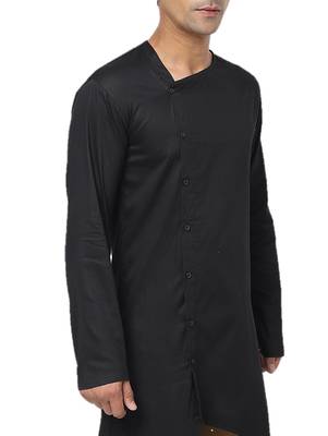 Black Plain Cotton Men Kurtas 4