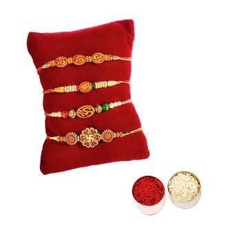 Designer Swastik and OM Rakhi Set of 4 Rakhi :: Roli Tika for Brother 1