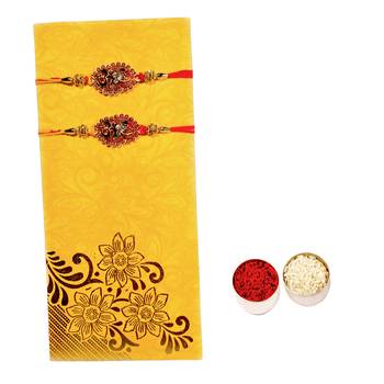 Beautiful Designer OM Rakhi Set :: Roli Tika for Brother (2 Rakhi) 1