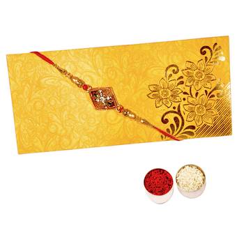Beautiful Designer Rakhi :: Meenakari and Zircon Work in Mauli Thread :: Roli Tika for Brother (Single Rakhi) 1