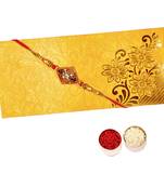 Beautiful Designer Rakhi :: Meenakari and Zircon Work in Mauli Thread :: Roli Tika for Brother (Single Rakhi)