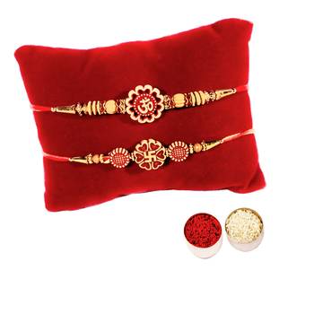 Designer Om and Swastik Rakhi Set :: Roli Tika for Brother (2 Rakhi) 1