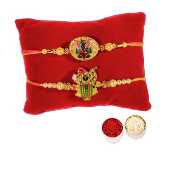 Beautiful Meenakari Rakhi Set of Lord Ganesha and Shri Baanke Bihari Ji :: Roli Tika for Brother 1