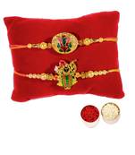 Beautiful Meenakari Rakhi Set of Lord Ganesha and Shri Baanke Bihari Ji :: Roli Tika for Brother