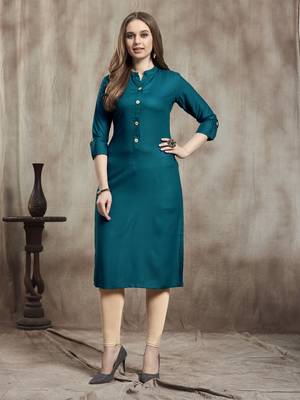 Dark-aqua-blue plain rayon kurtas-and-kurtis 1