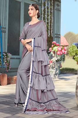 Grey Plain Art Silk Saree With Blouse 3