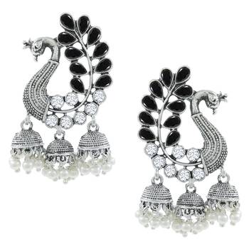 Saizen Traditional Silver Black Pearl Peacock Kundan Jhumkas Diamond, Pearl Alloy Jhumki Earring 1