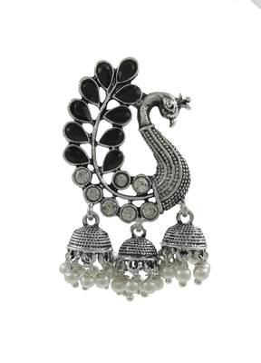 Saizen Traditional Silver Black Pearl Peacock Kundan Jhumkas Diamond, Pearl Alloy Jhumki Earring 2