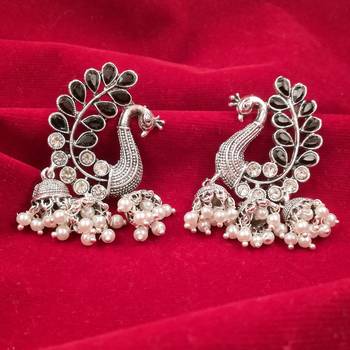 Saizen Traditional Silver Black Pearl Peacock Kundan Jhumkas Diamond, Pearl Alloy Jhumki Earring 3