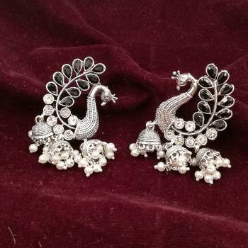 Saizen Traditional Silver Black Pearl Peacock Kundan Jhumkas Diamond, Pearl Alloy Jhumki Earring 4
