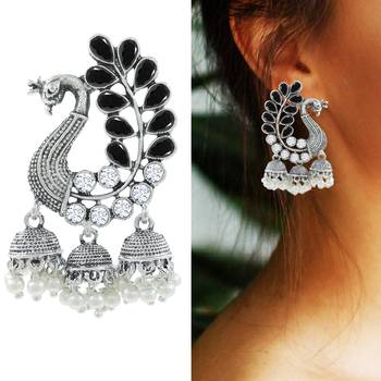 Saizen Traditional Silver Black Pearl Peacock Kundan Jhumkas Diamond, Pearl Alloy Jhumki Earring 5