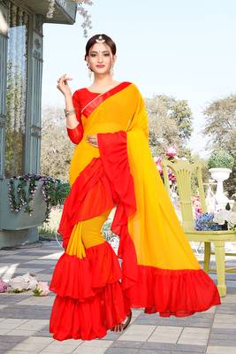 Yellow Plain Georgette Saree With Blouse 1