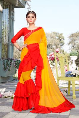 Yellow Plain Georgette Saree With Blouse 4