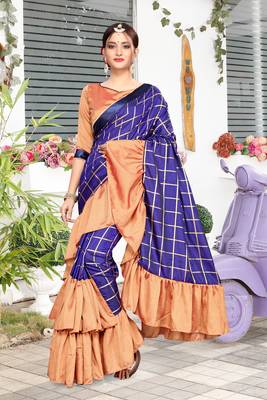 Blue Plain Art Silk Saree With Blouse 1