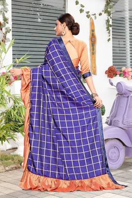 Blue Plain Art Silk Saree With Blouse 2
