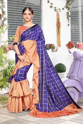 Blue Plain Art Silk Saree With Blouse 3