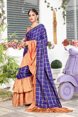 Blue Plain Art Silk Saree With Blouse 4