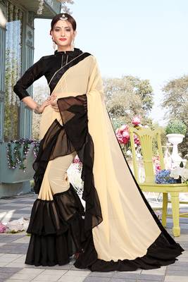 Beige Plain Georgette Saree With Blouse 3