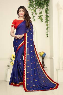 Blue Embroidered Georgette Saree With Blouse 1