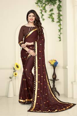 Brown Embroidered Georgette Saree With Blouse 1
