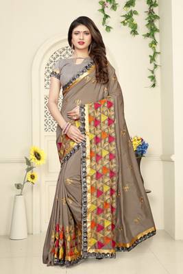 Beige Embroidered Art Silk Saree With Blouse 3