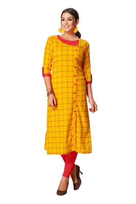 Yellow printed rayon kurtas-and-kurtis 1