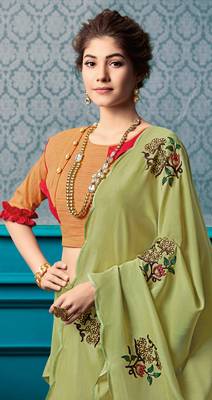 Green Embroidered Faux Georgette Saree With Blouse 3