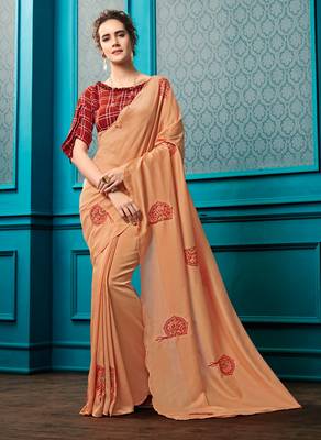 Peach Embroidered Faux Georgette Saree With Blouse 1