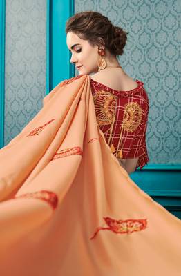 Peach Embroidered Faux Georgette Saree With Blouse 2
