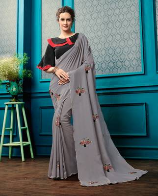 Grey Embroidered Faux Georgette Saree With Blouse 1