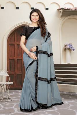Grey Plain Georgette Saree With Blouse 3
