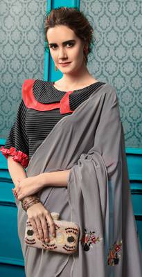 Grey Embroidered Faux Georgette Saree With Blouse 3