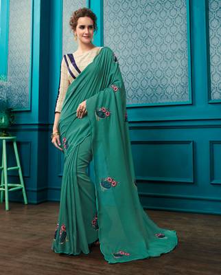 Green Embroidered Faux Georgette Saree With Blouse 1
