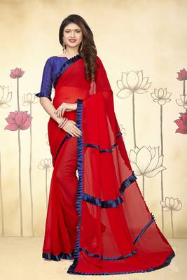 Red Plain Georgette Saree With Blouse 1