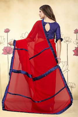 Red Plain Georgette Saree With Blouse 2