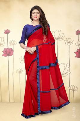Red Plain Georgette Saree With Blouse 3