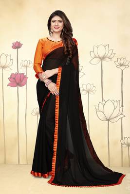 Black Plain Georgette Saree With Blouse 1