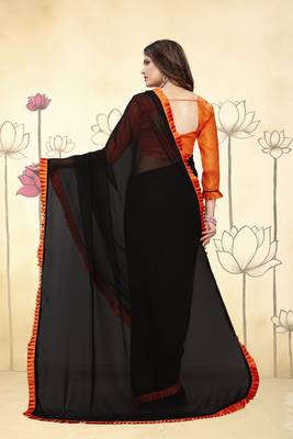 Black Plain Georgette Saree With Blouse 2