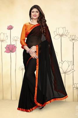 Black Plain Georgette Saree With Blouse 3