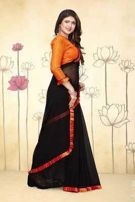 Black Plain Georgette Saree With Blouse 4