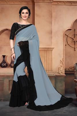 Grey Plain Georgette Saree With Blouse 1