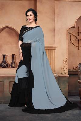 Grey Plain Georgette Saree With Blouse 3