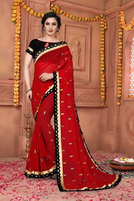 Red Embroidered Art Silk Saree With Blouse 1