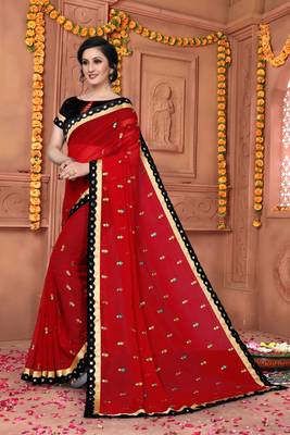Red Embroidered Art Silk Saree With Blouse 3
