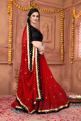 Red Embroidered Art Silk Saree With Blouse 4