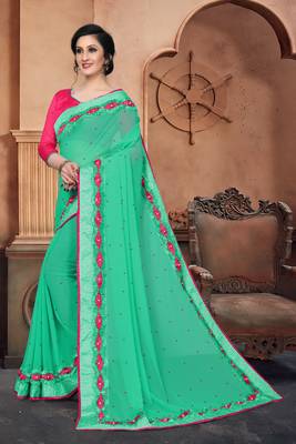 Green Embroidered Georgette Saree With Blouse 3